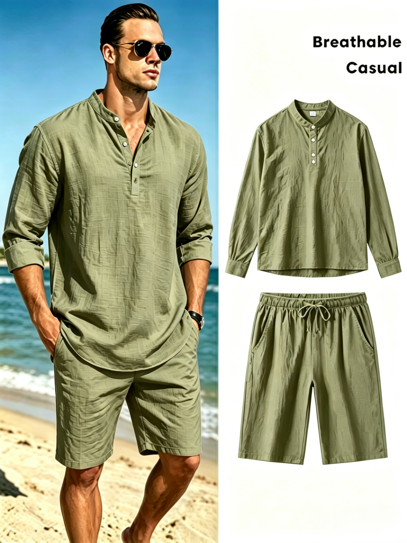 Summer Outdoor Clothing - Men's Cotton Linen Henley Shirt and