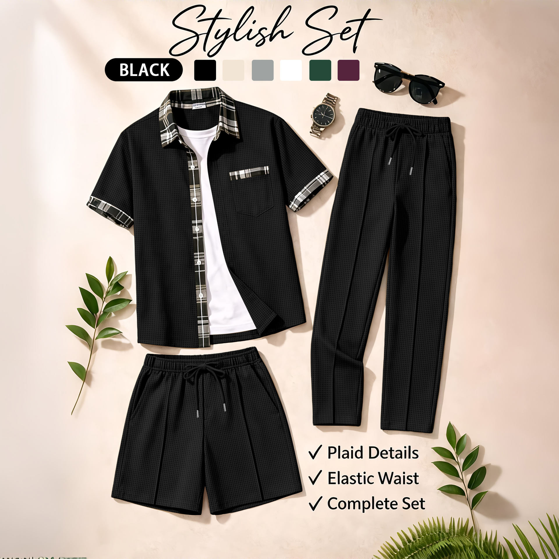 Men's 3 Piece Waffle Knit Trac - Summer Clothing Sets Men avis et prix