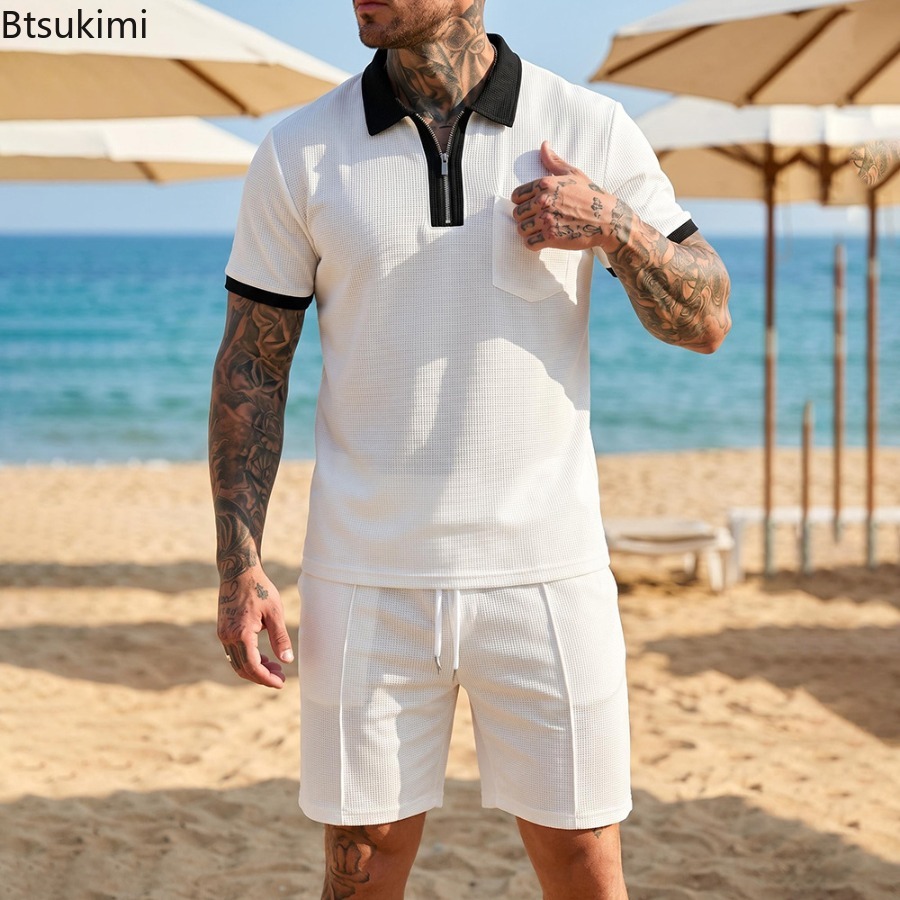 Mens Waffle Collar Polo Short  - Summer Clothing Beach avis et prix