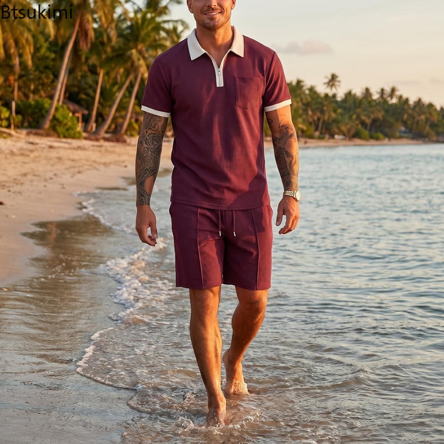 Mens Waffle Collar Polo Short  - Summer Clothing Beach avis et prix